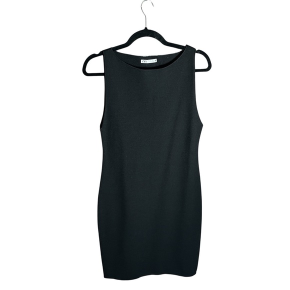 New Zara Knit Sleeveless Bodycon Mini Dress Boat Neck Stretchy Black Sze L - Picture 3 of 14